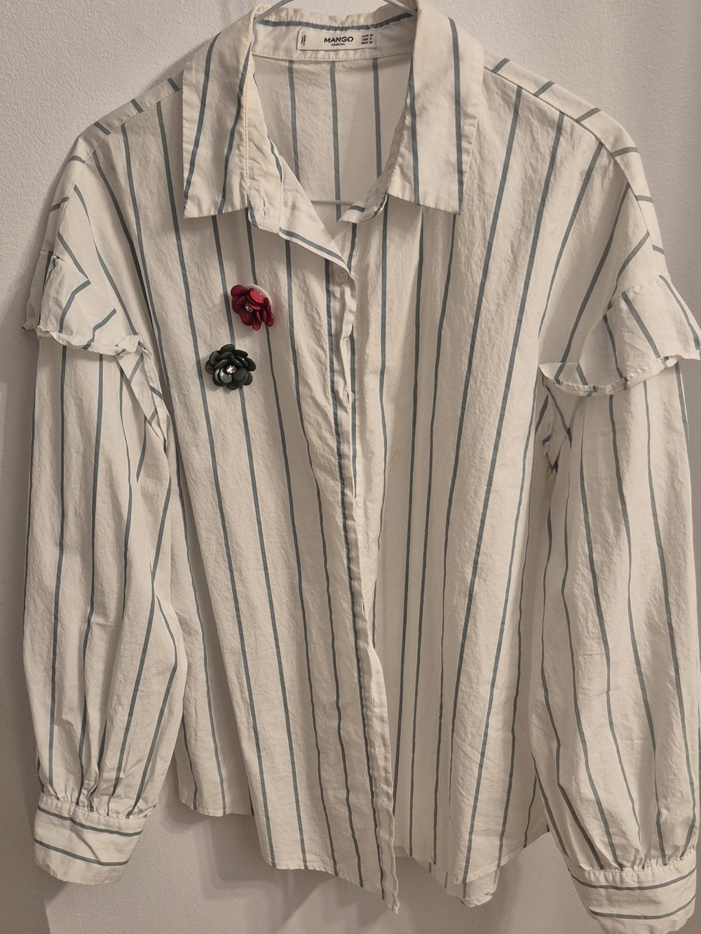 Mango White Blouse with Green Pinstripes